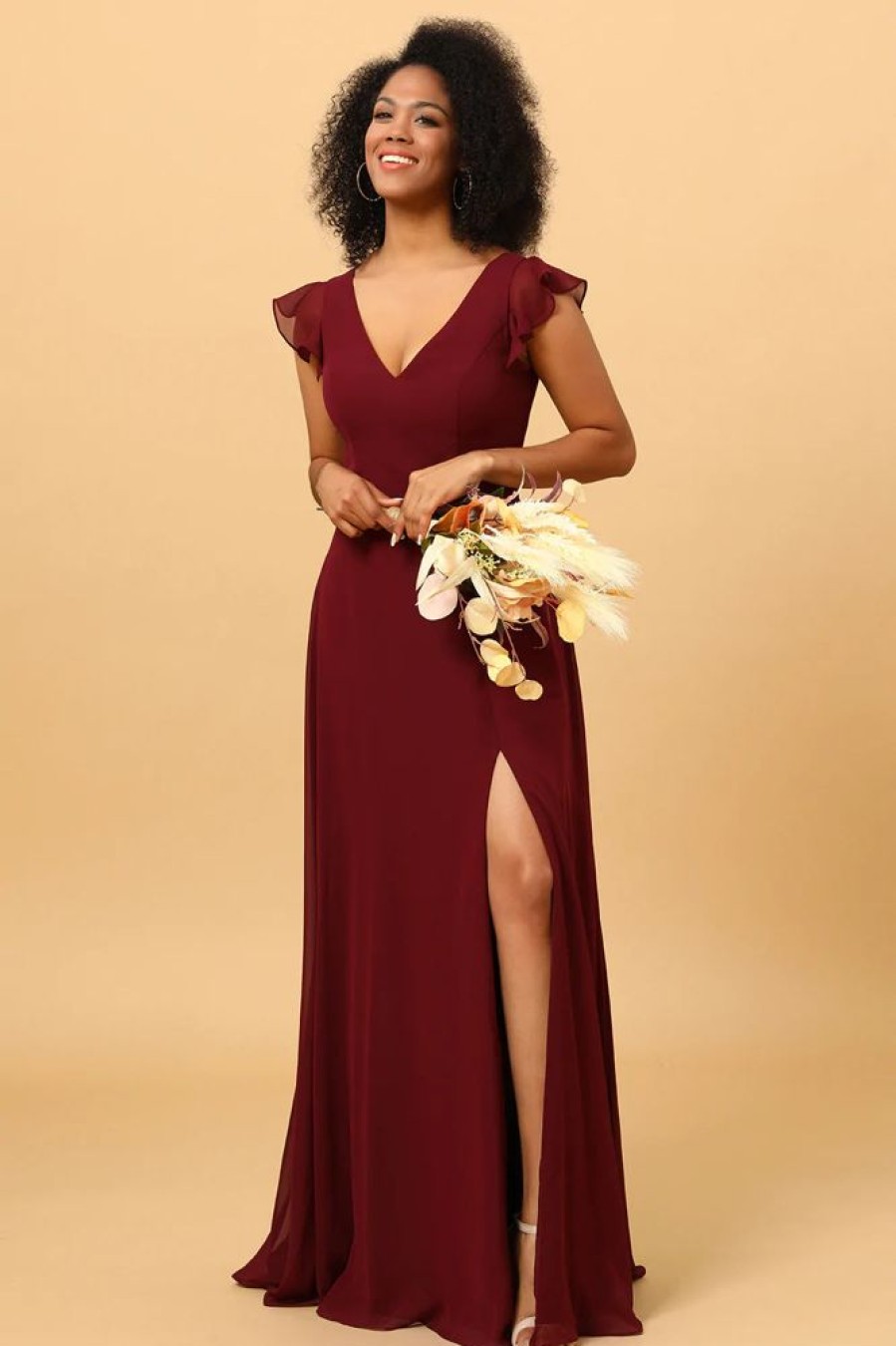 Homrain Chiffon Burgundy Bridesmaid Dress With Slit | Burgundy Bridesmaid Dress