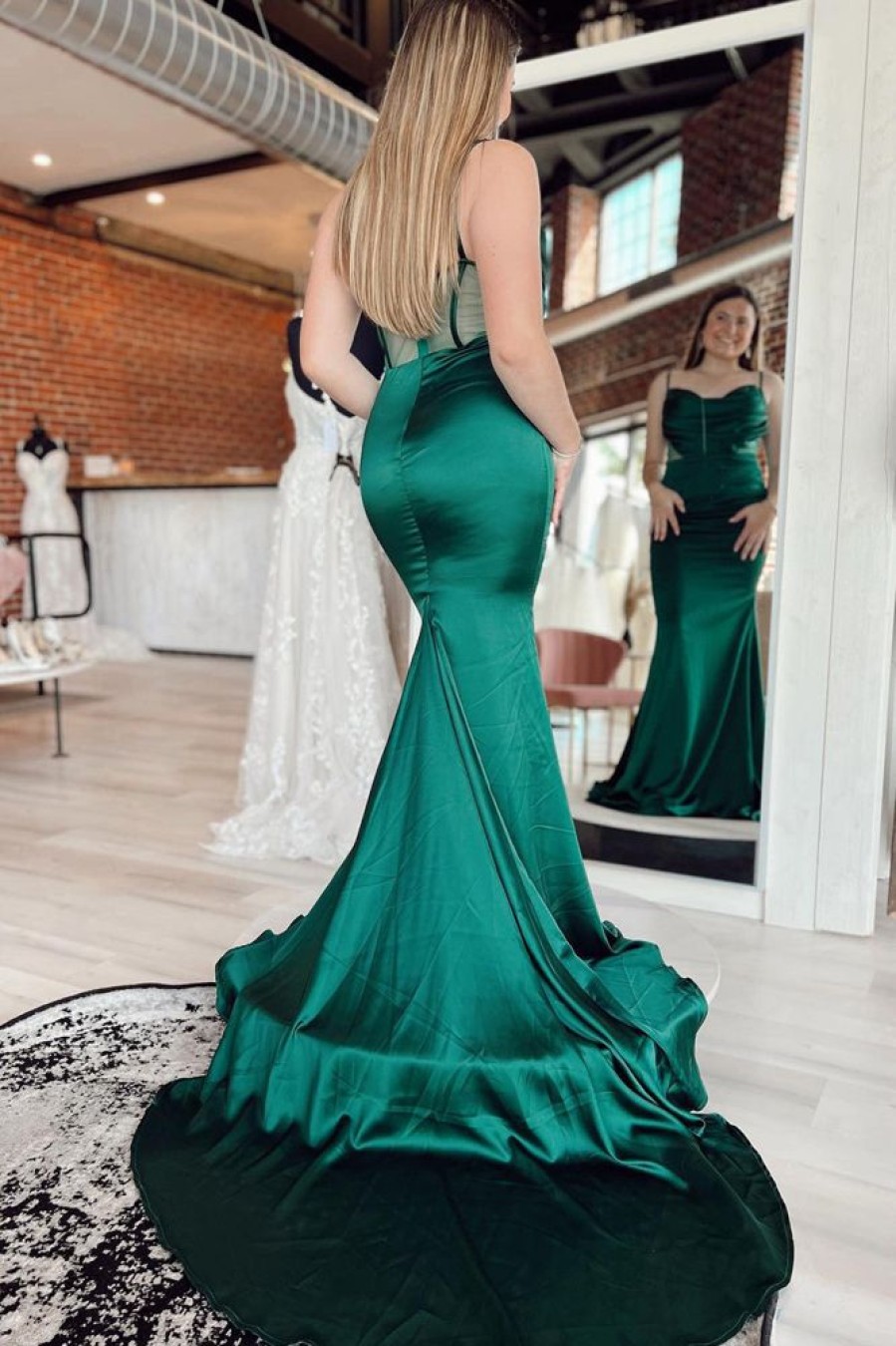 Homrain Dark Green Spaghetti Straps Satin Mermaid Prom Dress | Green Prom Dresses