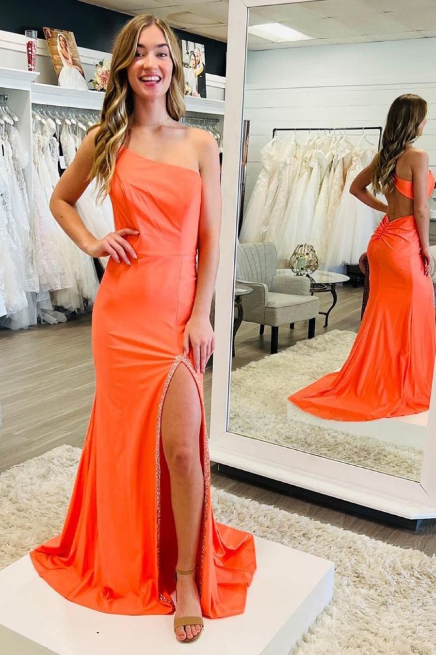 Homrain Mermaid One Shoulder Open Back Long Prom Dress With Slit | Orange Prom Dresses