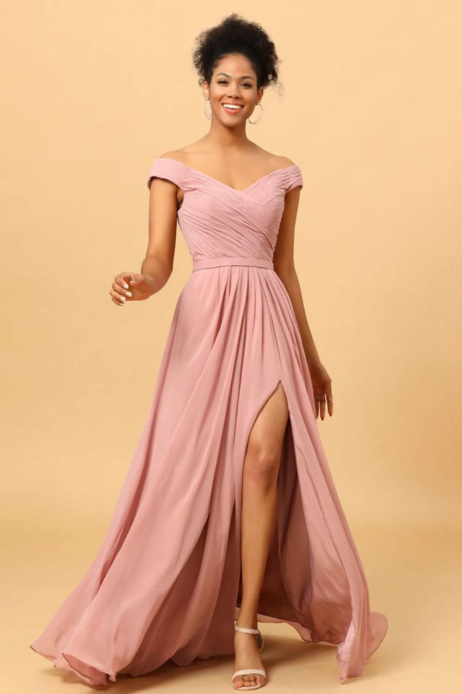 Homrain Ruffles Chiffon Pink Bridesmaid Dress With Slit | Boho Bridesmaid Dresses