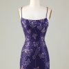 Homrain Glitter Purple Beaded Sequins Tight Short Butterflies Homecoming Dress | Purple Hoco Dresses