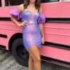 Homrain Sparkly Detachable Short Sleeves Tight Short Sequins Homecoming Dress | Purple Hoco Dresses