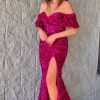 Homrain Sparkly Sequins Mermaid Long Prom Dress With Slit | Hot Pink Prom Dresses