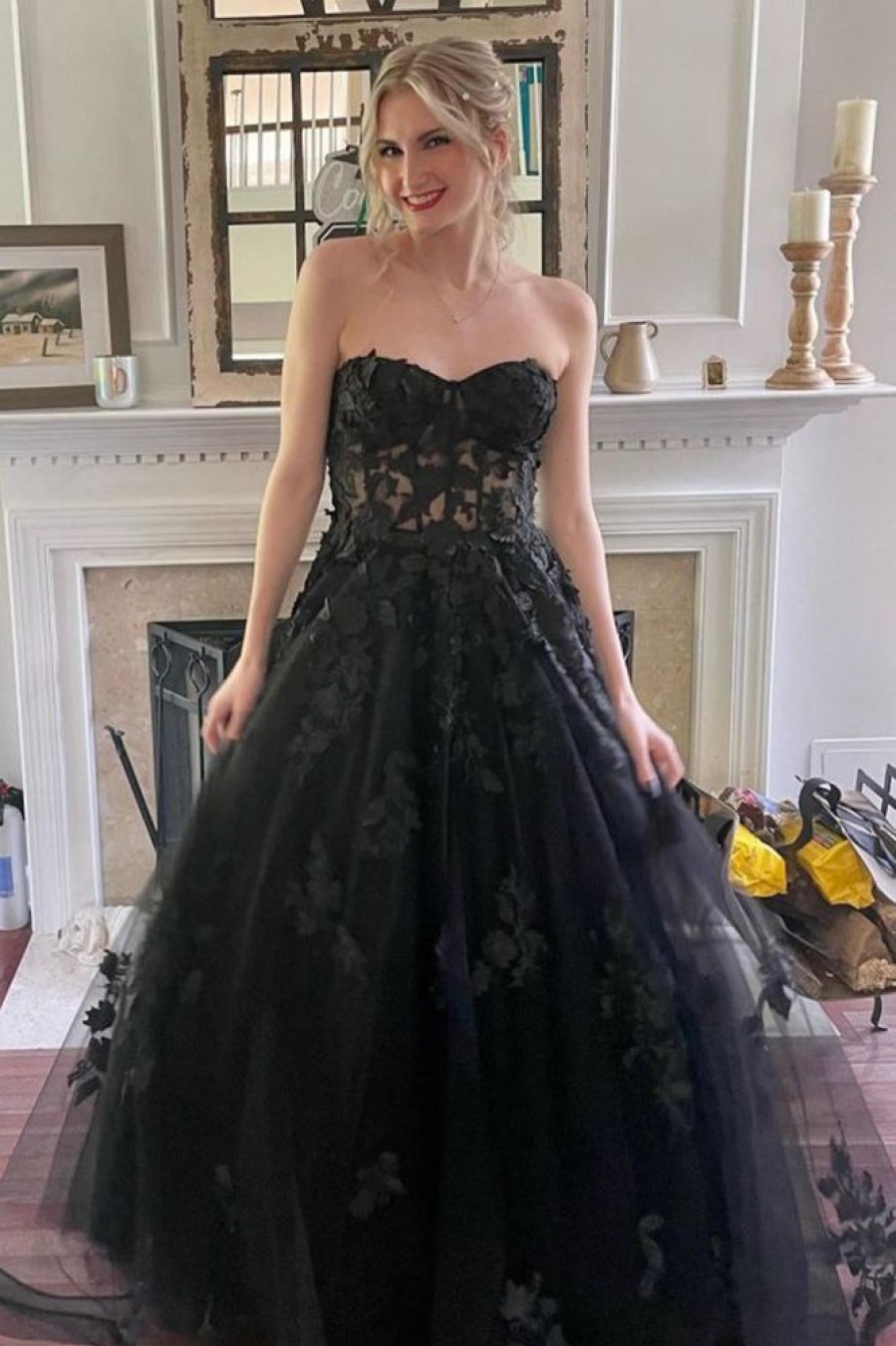 Homrain Corset A-Line Tulle Long Prom Dress With Lace | Black Prom Dresses