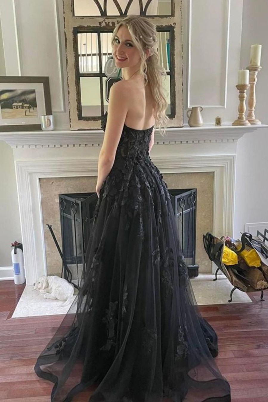 Homrain Corset A-Line Tulle Long Prom Dress With Lace | Black Prom Dresses