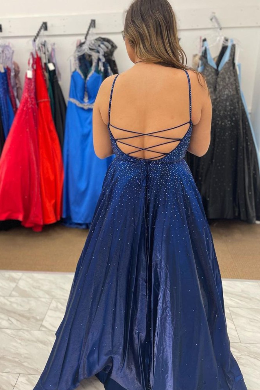 Homrain Navy Lace-Up Back Beading A Line Prom Dress | Blue Prom Dresses