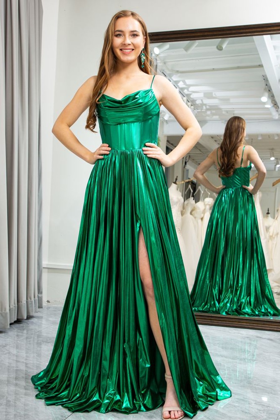 Homrain Glitter A Line Spaghetti Straps Long Corset Prom Dress With Slit | Green Prom Dresses