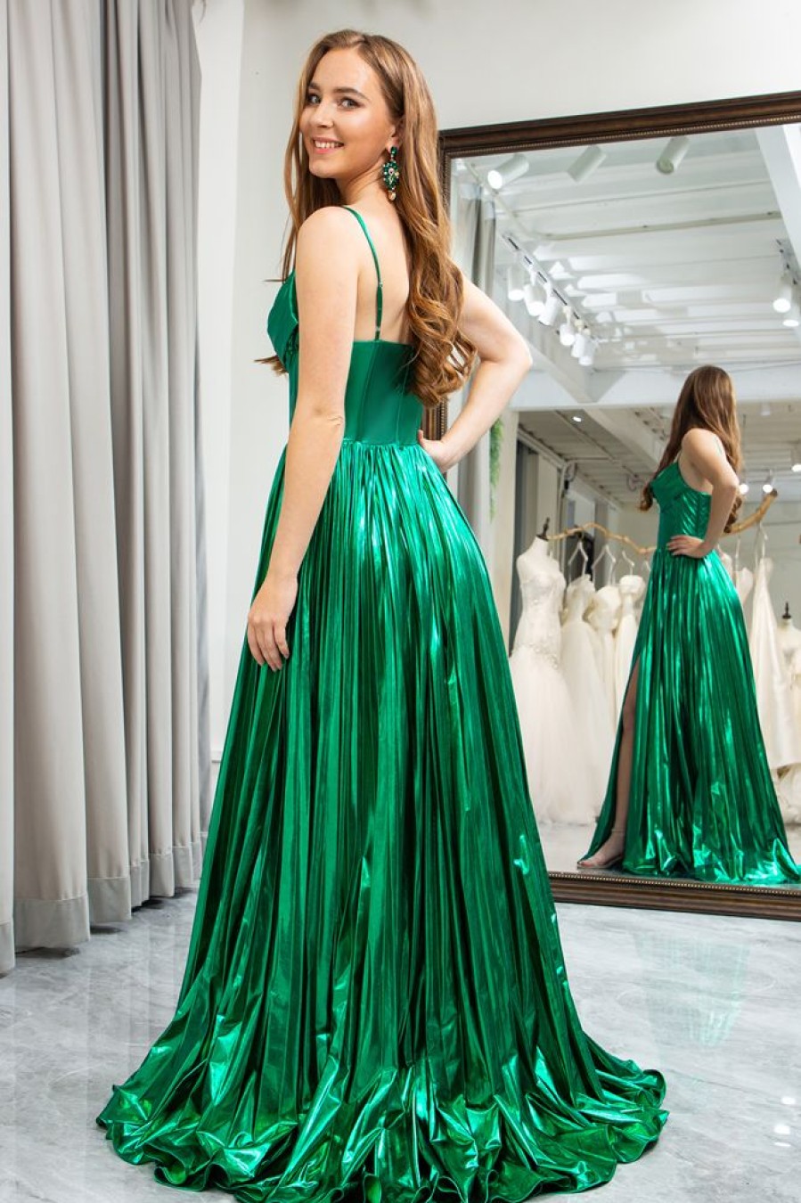 Homrain Glitter A Line Spaghetti Straps Long Corset Prom Dress With Slit | Green Prom Dresses