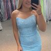 Homrain Sparkly Sequin Lace-Up Back Short Homecoming Dress | Blue Hoco Dresses