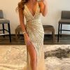 Homrain Sparkly V-Neck Sequins Long Prom Dress | Gold Prom Dresses