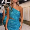 Homrain Sparkly Sequins Fringed Cut Out Tight Short Homecoming Dress | Blue Hoco Dresses