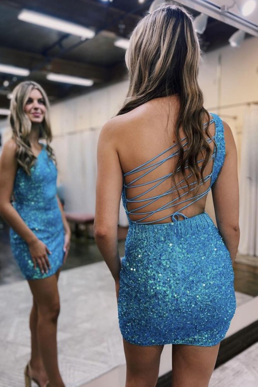 Homrain Sparkly Sequins Fringed Cut Out Tight Short Homecoming Dress | Blue Hoco Dresses