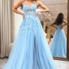 Homrain A Line Tulle Long Corset Prom Dress With Slit | Blue Prom Dresses