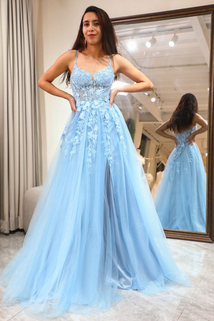 Homrain A Line Tulle Long Corset Prom Dress With Slit | Blue Prom Dresses