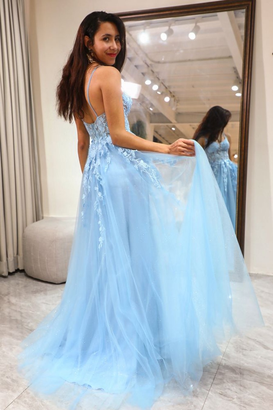 Homrain A Line Tulle Long Corset Prom Dress With Slit | Blue Prom Dresses