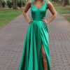 Homrain A-Line Satin V-Neck Prom Dress With Slit | Green Prom Dresses