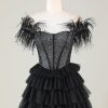 Homrain Sparkly Beaded Corset A-Line Short Homecoming Dress With Feathers | Black Hoco Dresses