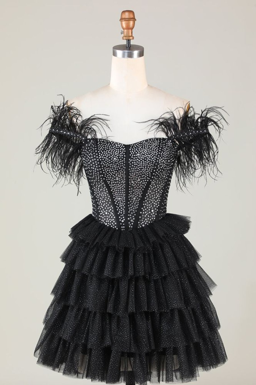 Homrain Sparkly Beaded Corset A-Line Short Homecoming Dress With Feathers | Black Hoco Dresses