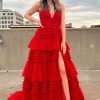 Homrain Tulle Spaghetti Straps Long Prom Dress | Red Prom Dresses