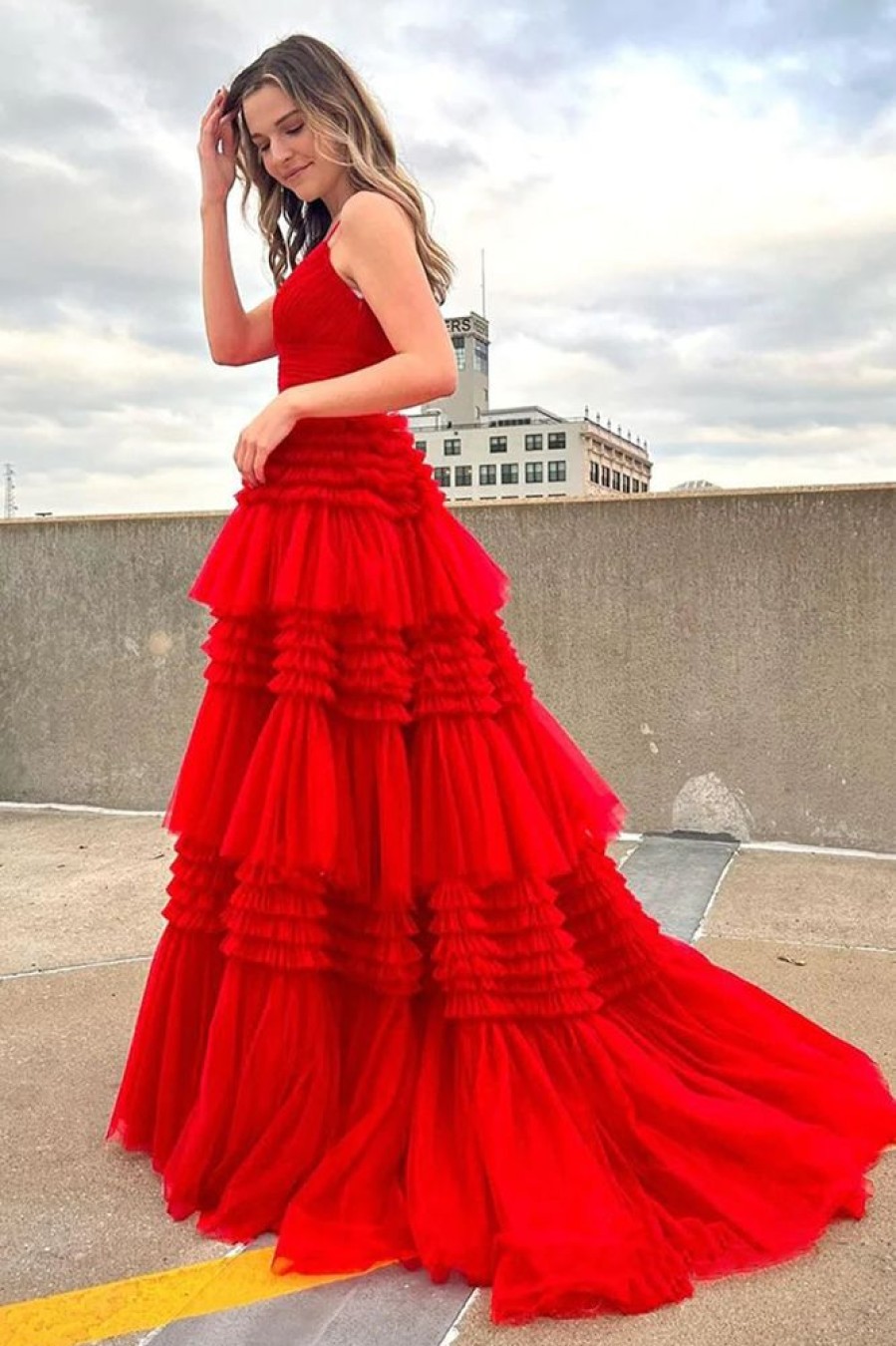 Homrain Tulle Spaghetti Straps Long Prom Dress | Red Prom Dresses