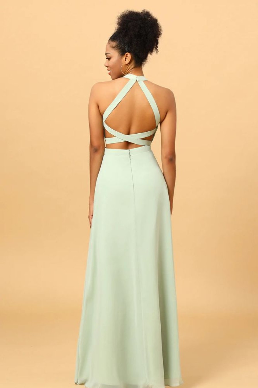 Homrain A Line Halter Long Bridesmaid Dress With Open Back | Sage Green Bridesmaid Dress