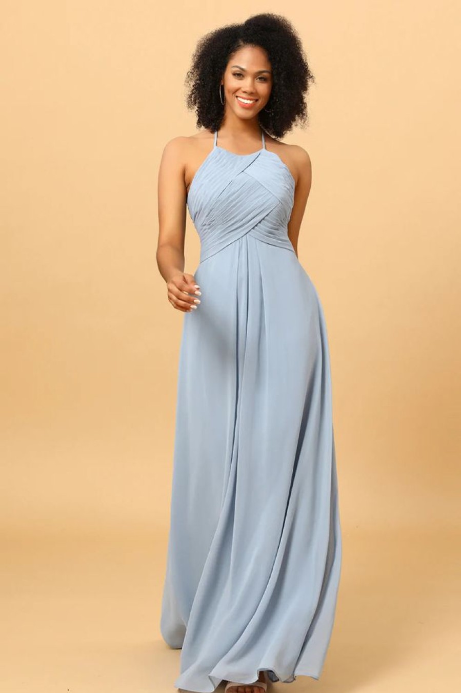 Homrain Halter Chiffon Blue Bridesmaid Dress With Ruffles | Wedding Guest Dresses