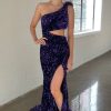 Homrain One Shoulder Sparkly Mermaid Sequins Long Prom Dress With Slit | Purple Prom Dresses