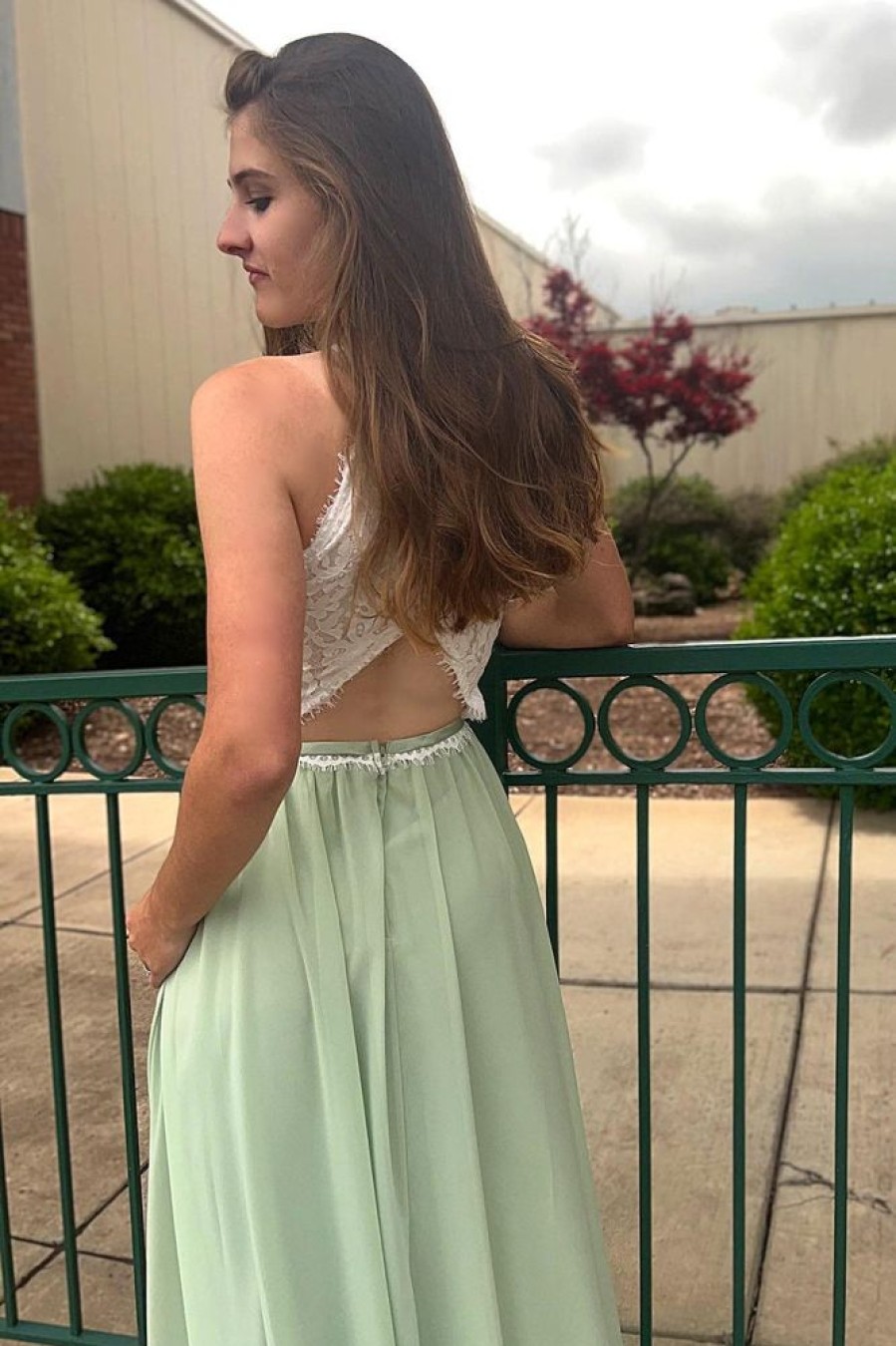 Homrain Halter Chiffon Lace Prom Dress | Green Prom Dresses