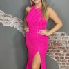 Homrain Sparkly Mermaid Sequins Halter Long Prom Dress With Slit | Hot Pink Prom Dresses