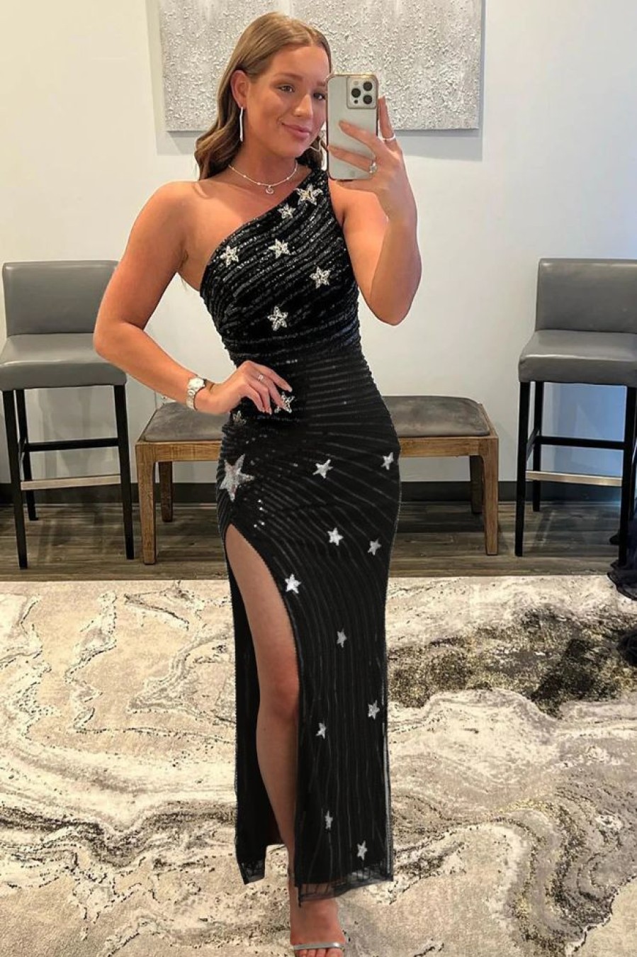 Homrain Sparkly Sequins One Shoulder Long Prom Dress With Stars | Black Prom Dresses