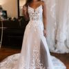 Homrain Detachable Sleeve High Slit A-Line Wedding Dress With Appliques | Lace Wedding Dresses