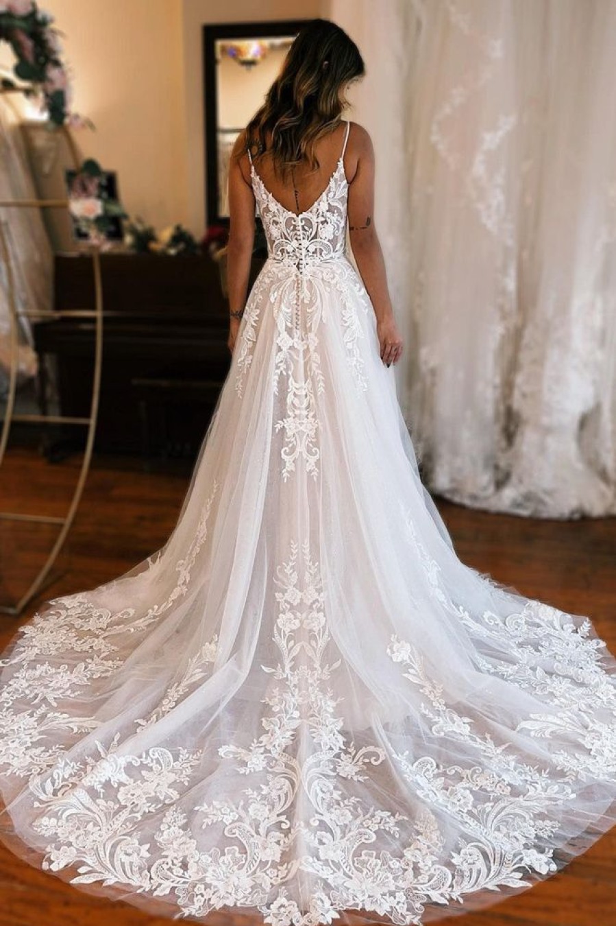 Homrain Detachable Sleeve High Slit A-Line Wedding Dress With Appliques | Lace Wedding Dresses