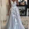 Homrain Tulle A-Line V-Neck Wedding Dress With Appliques | Lace Wedding Dresses