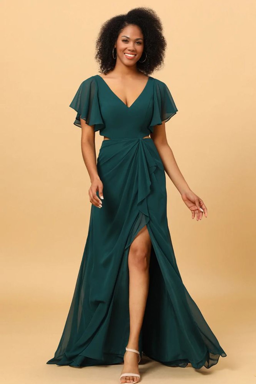 Homrain Hollow-Out Chiffon Green Bridesmaid Dress With Ruffles Sleeves | Bridesmaid Dresses 2024