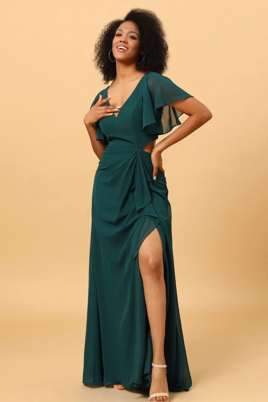 Homrain Hollow-Out Chiffon Green Bridesmaid Dress With Ruffles Sleeves | Bridesmaid Dresses 2024