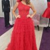 Homrain One Shoulder Corset Tie Long Prom Dress With Ruffles | Red Prom Dresses