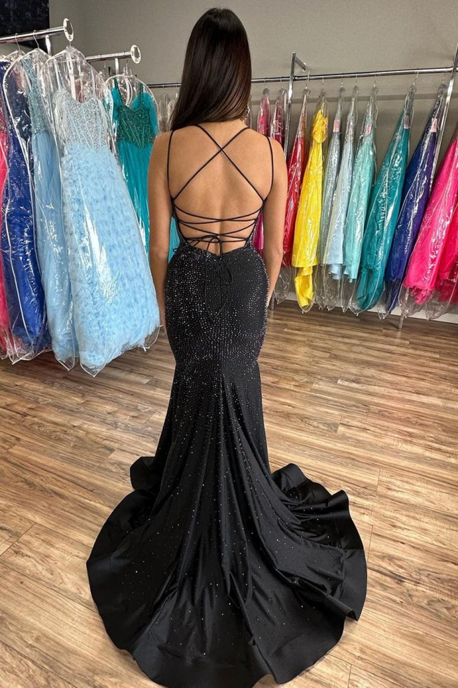 Homrain Glitter Mermaid Spaghetti Straps Sequined Long Prom Dress | Black Prom Dresses