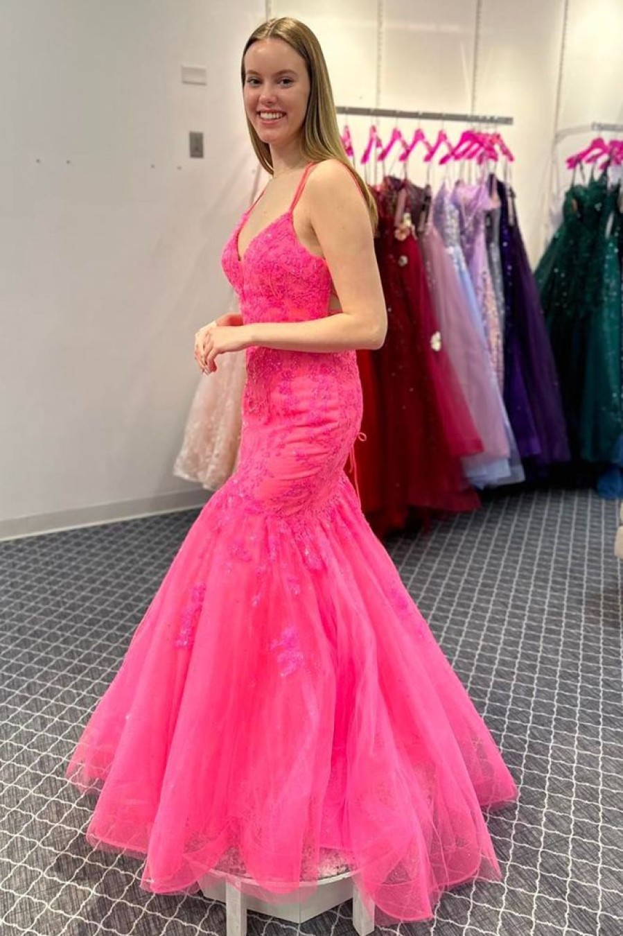 Homrain Mermaid Spaghetti Straps Long Prom Dress With Lace | Hot Pink Prom Dresses