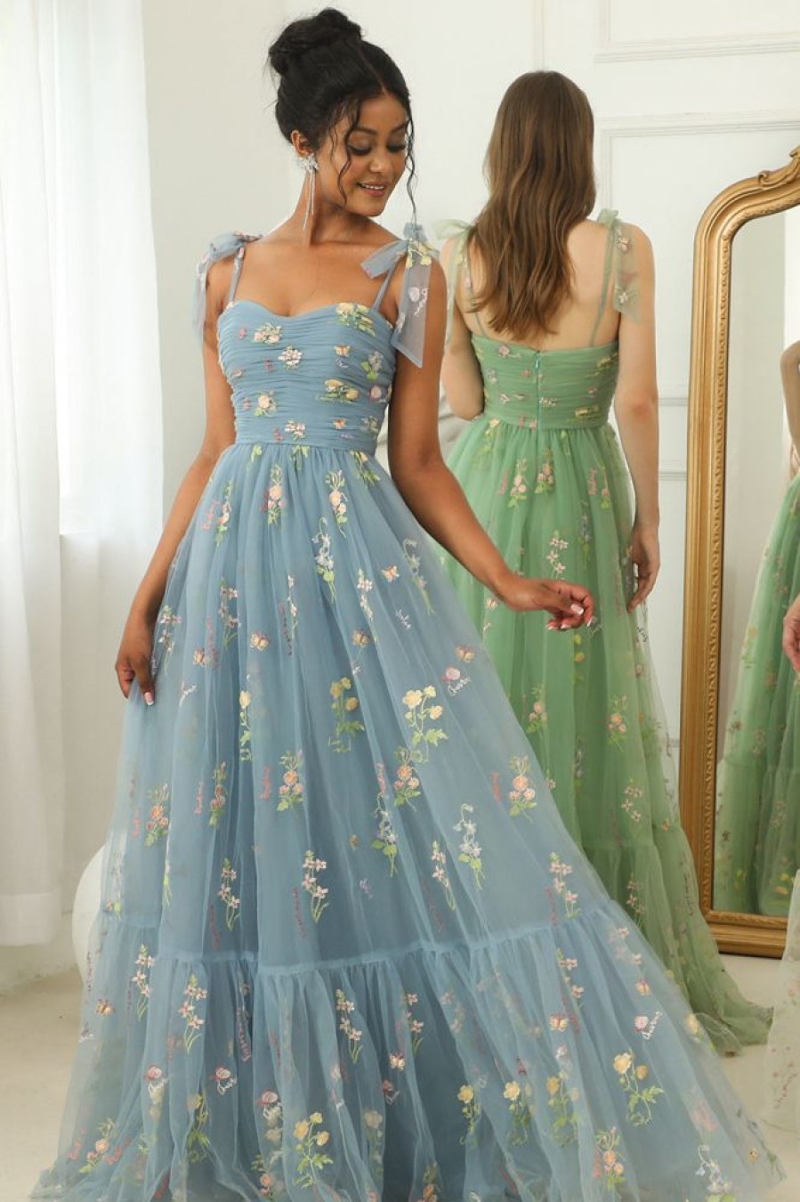 Homrain Embroidery Long Prom Dress | Blue Prom Dresses