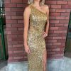 Homrain Sparkly Sequins One Shoulder Long Prom Dress With Fringes | Gold Prom Dresses