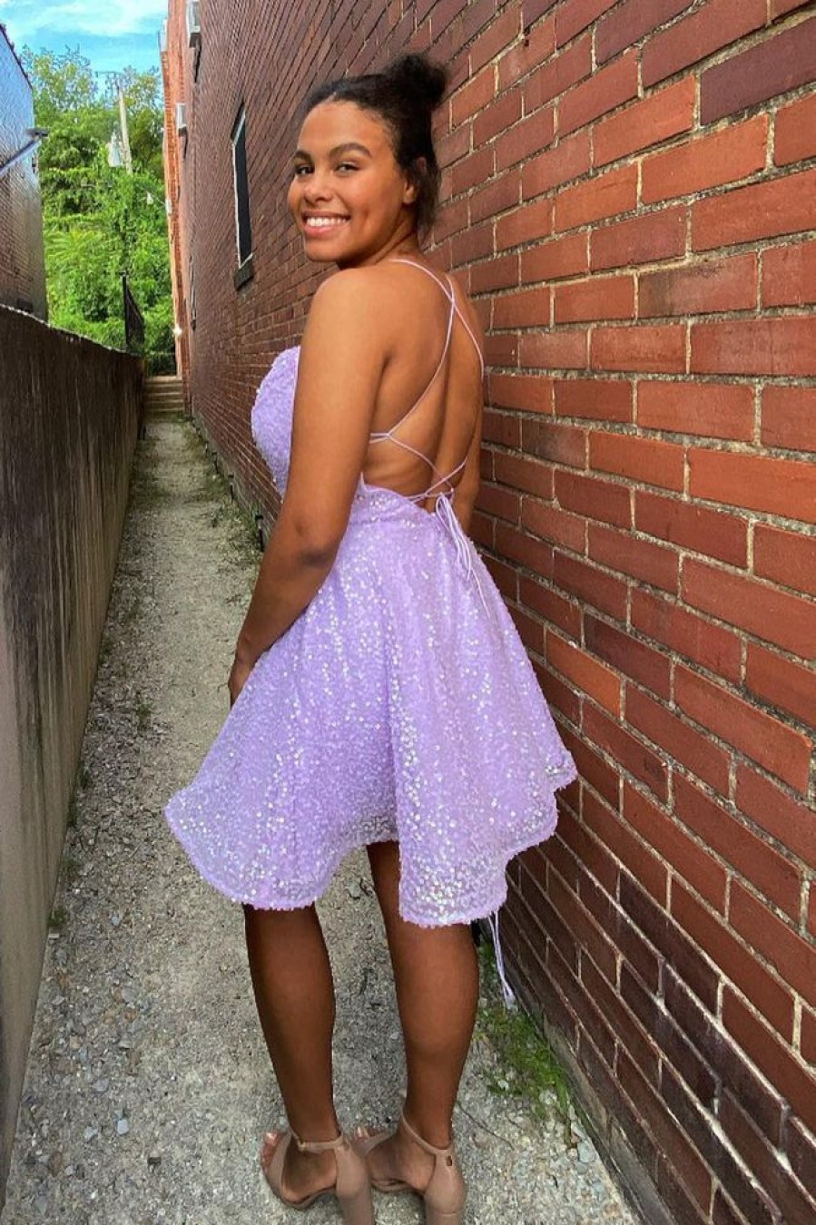 Homrain Sequins Homecoming Dress With Criss Cross Back | Purple Hoco Dresses