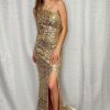 Homrain Sparkly One Shoulder Mermaid Sequins Long Prom Dresswith Fringes | Gold Prom Dresses