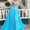 Homrain A Line Off The Shoulder Long Ruffled Prom Dress With Slit | Blue Prom Dresses