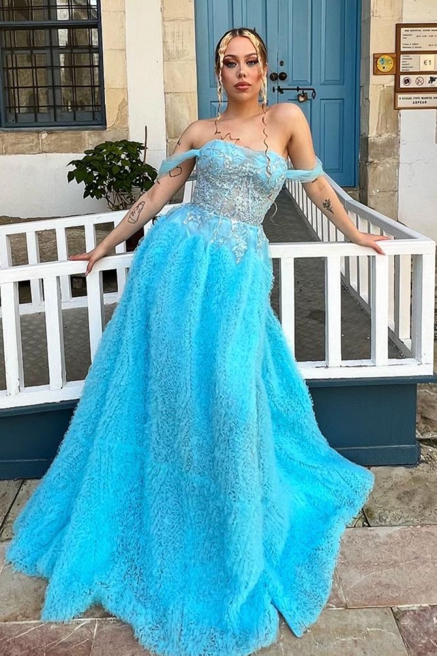 Homrain A Line Off The Shoulder Long Ruffled Prom Dress With Slit | Blue Prom Dresses