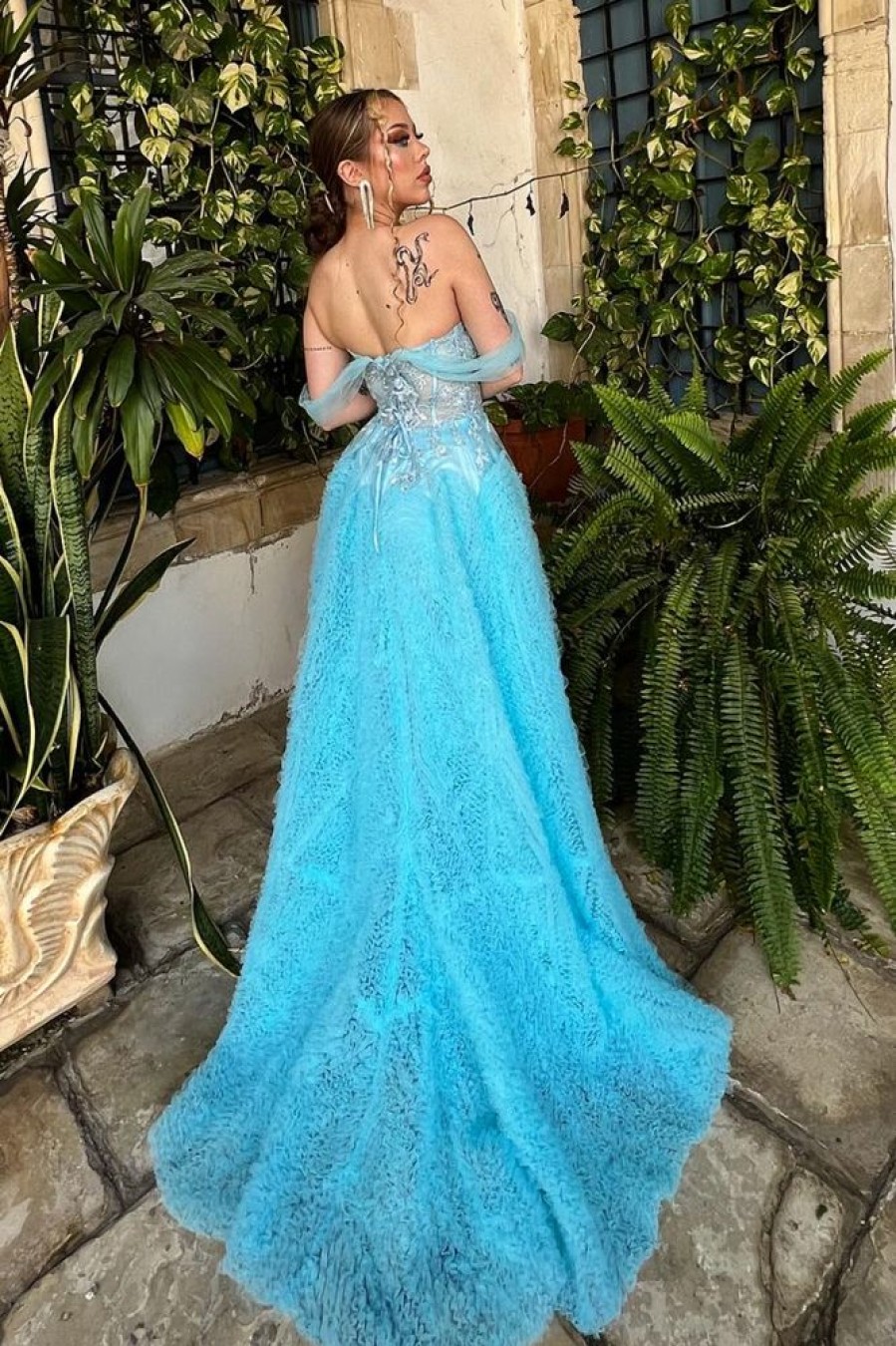 Homrain A Line Off The Shoulder Long Ruffled Prom Dress With Slit | Blue Prom Dresses