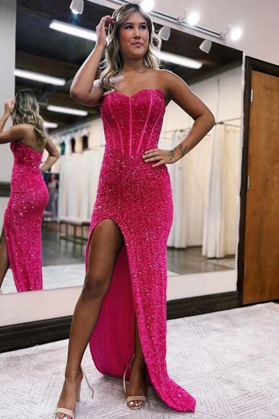 Homrain Sheath Sweetheart Sequins Floor Length Prom Dress With Split Front | Hot Pink Prom Dresses