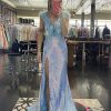 Homrain Sparkly Mermaid Backless Long Feathered Prom Dress With Slit | Blue Prom Dresses