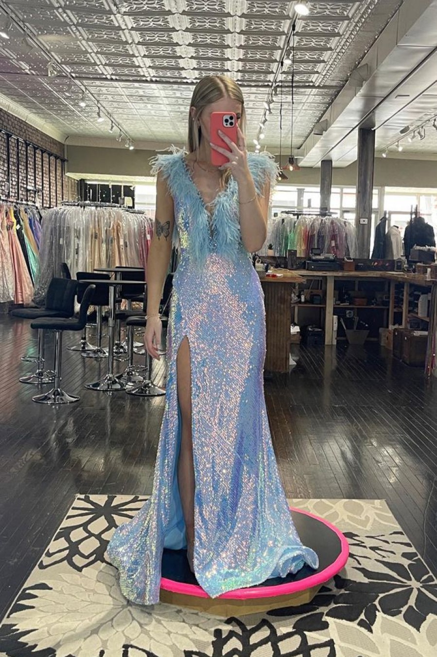 Homrain Sparkly Mermaid Backless Long Feathered Prom Dress With Slit | Blue Prom Dresses