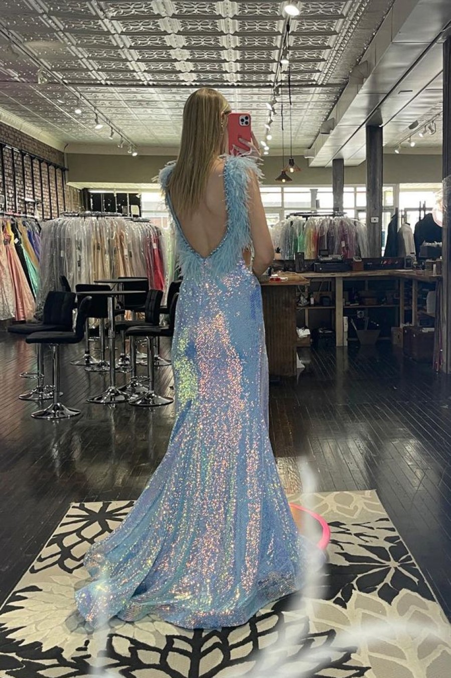 Homrain Sparkly Mermaid Backless Long Feathered Prom Dress With Slit | Blue Prom Dresses