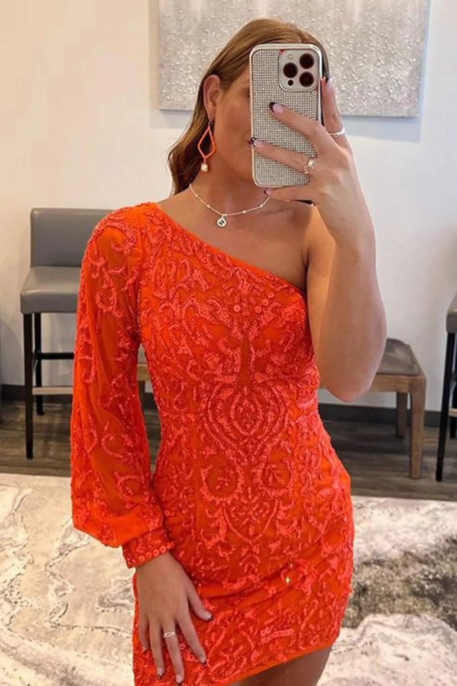 Homrain Beaded Sequins One Shoulder Tight Homecoming Dress | Orange Hoco Dresses